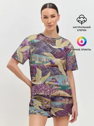 Женская пижама с шортами / Японская вышивка с журавлями