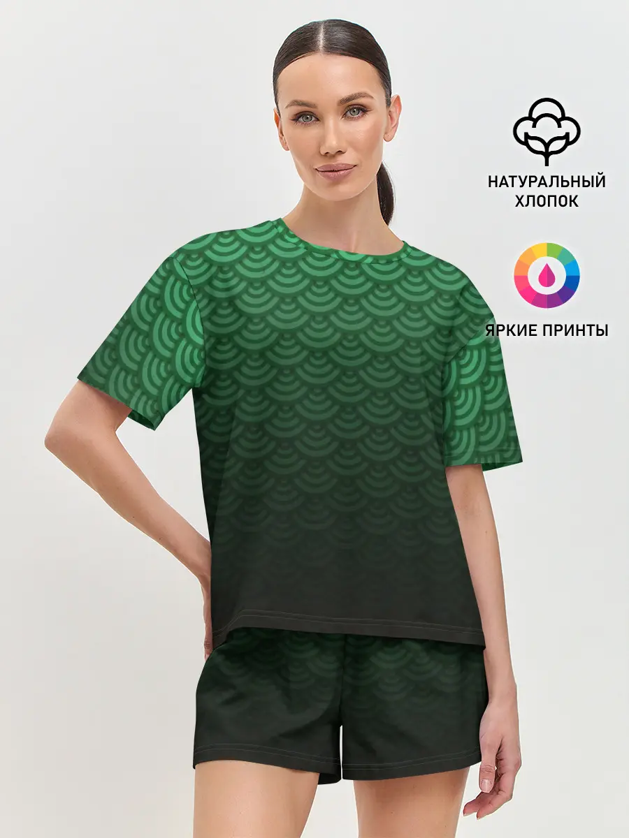 Женская пижама с шортами / Узор зеленая чешуя дракон