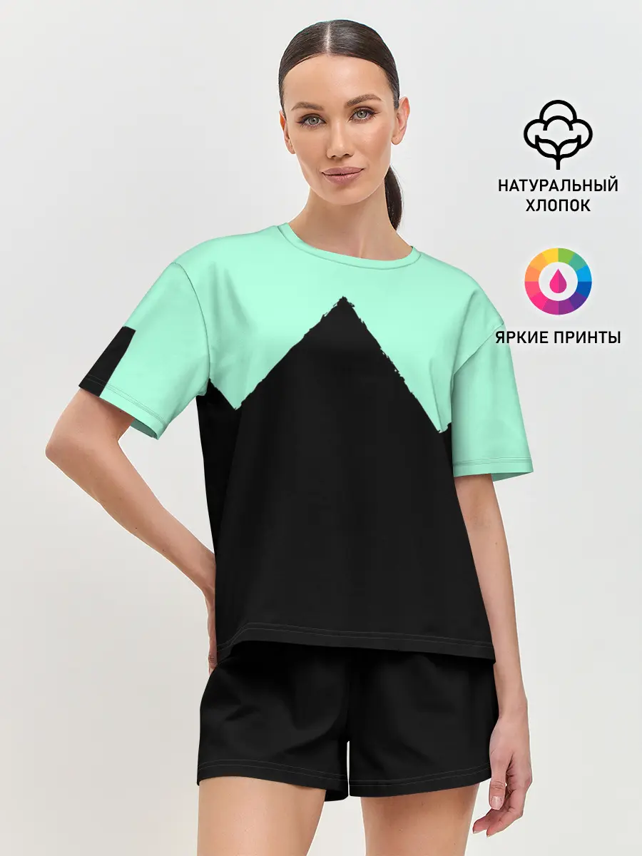 Женская пижама с шортами / неровные зубья черный мятный