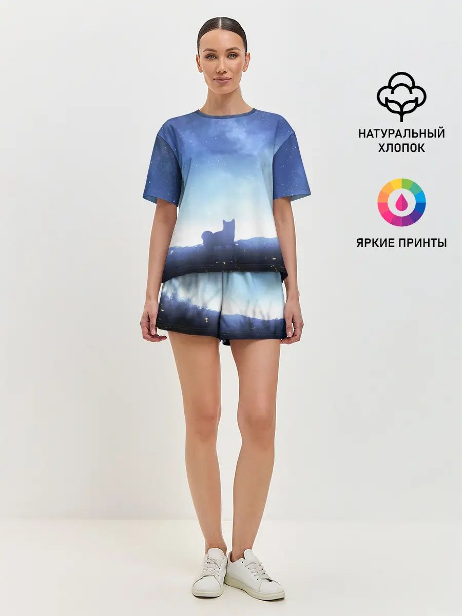 Женская пижама с шортами / силуэт корги ночь космос дымка