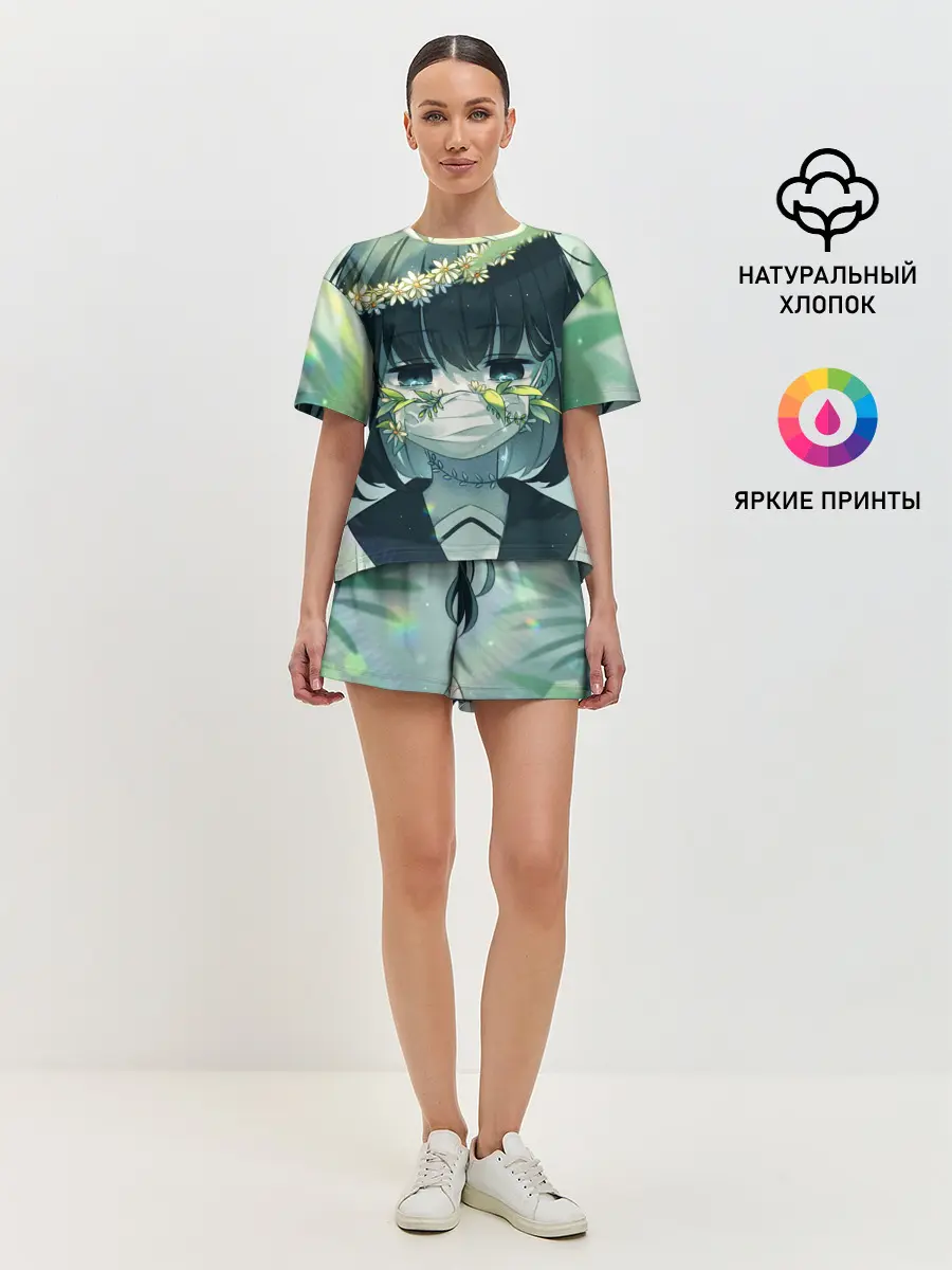 Женская пижама с шортами / аниме школьница маска цветы