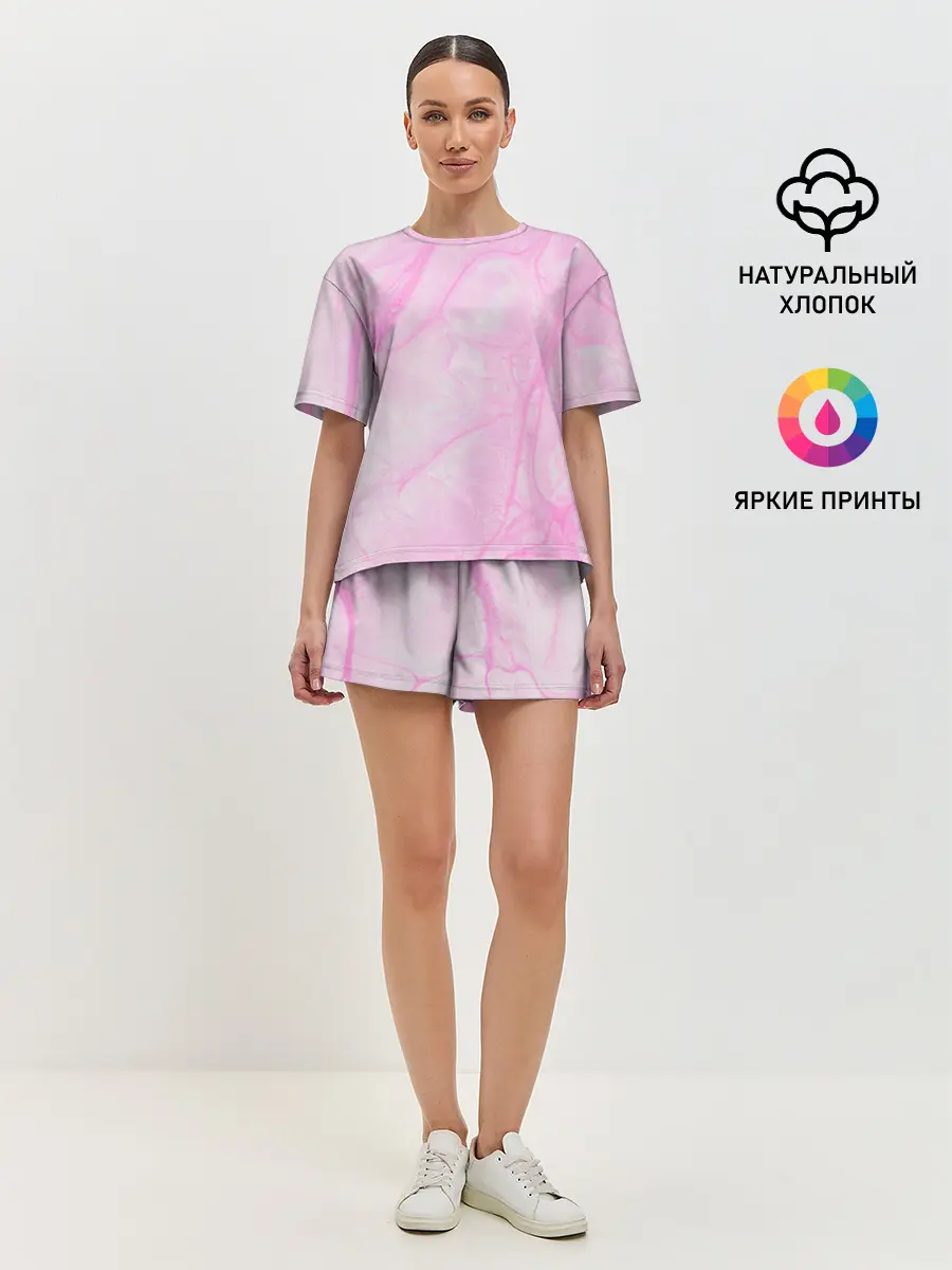 Женская пижама с шортами / розовые разводы краска зефир
