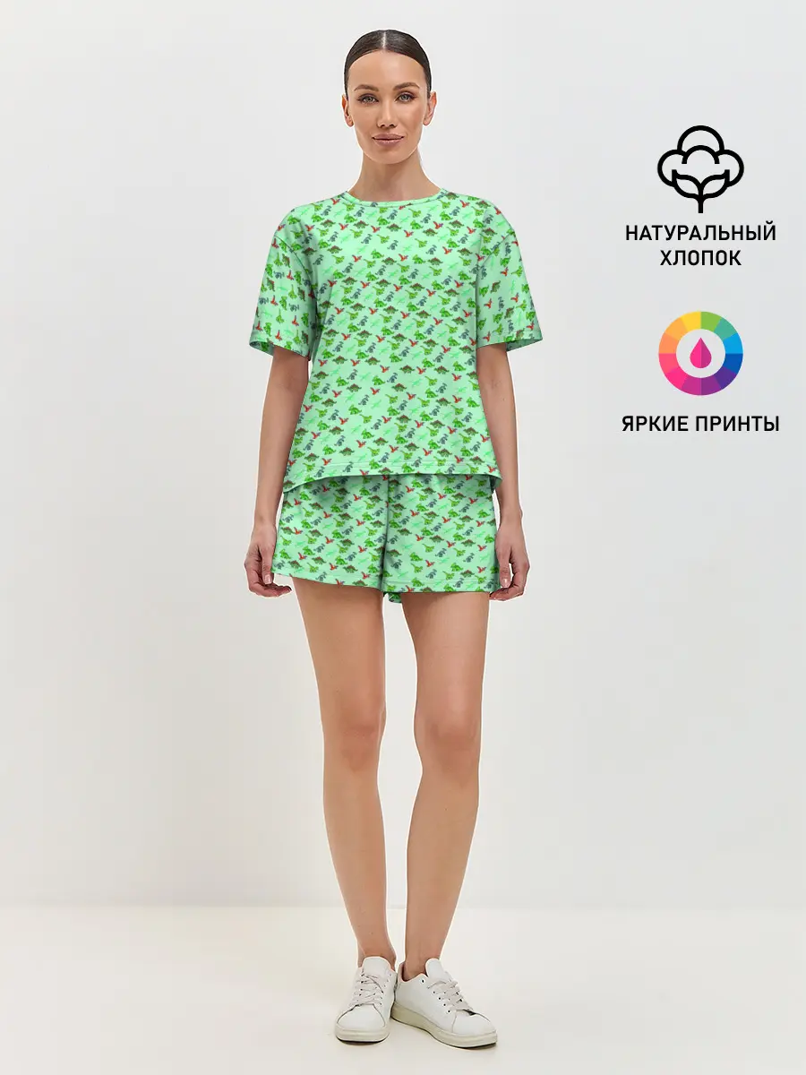 Женская пижама с шортами / dinosaurs green