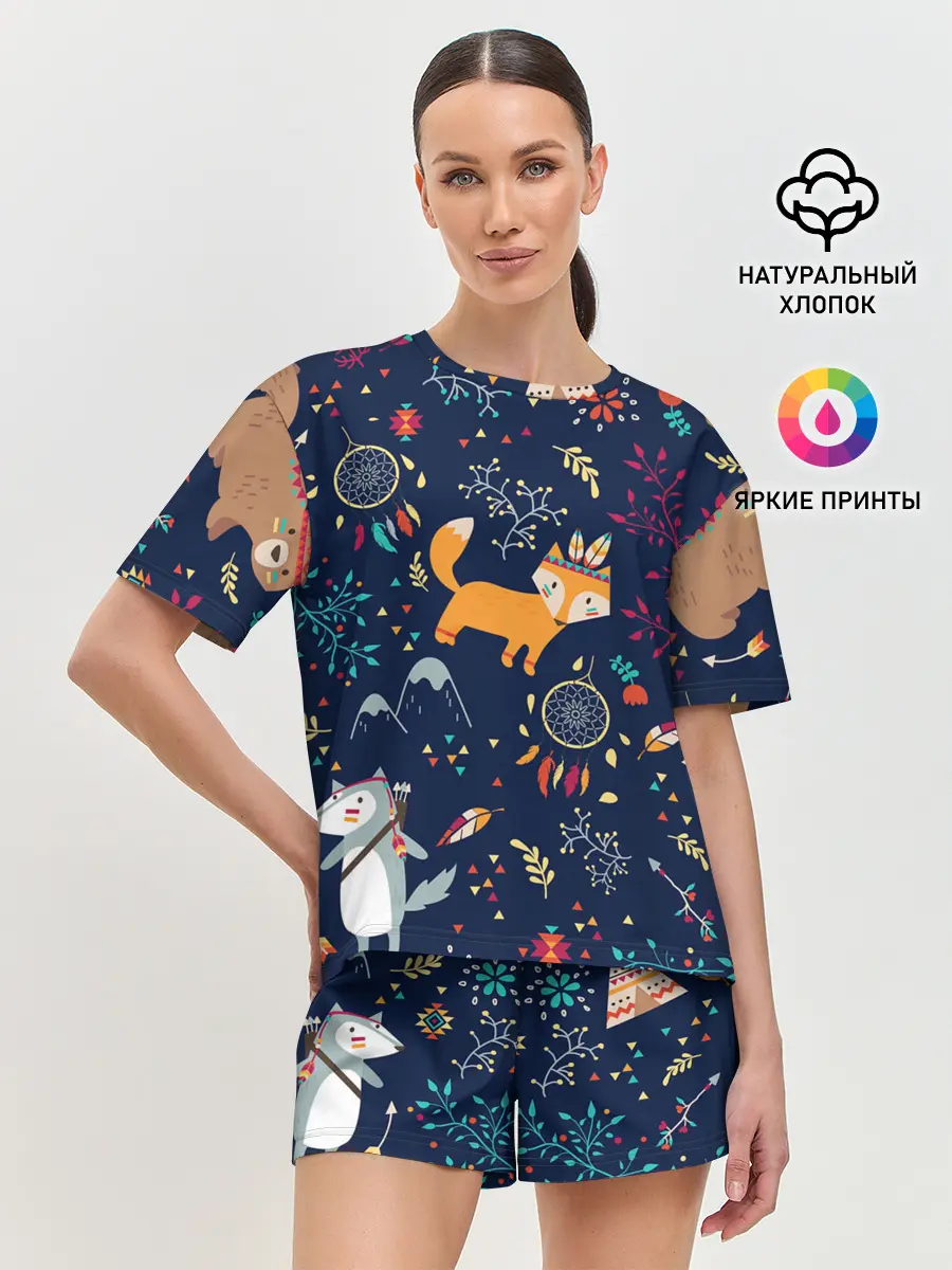 Женская пижама с шортами / Звери природа индейцы этно