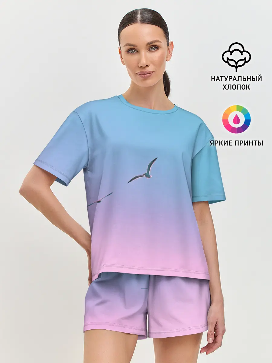Женская пижама с шортами / чайки птицы полет градиент