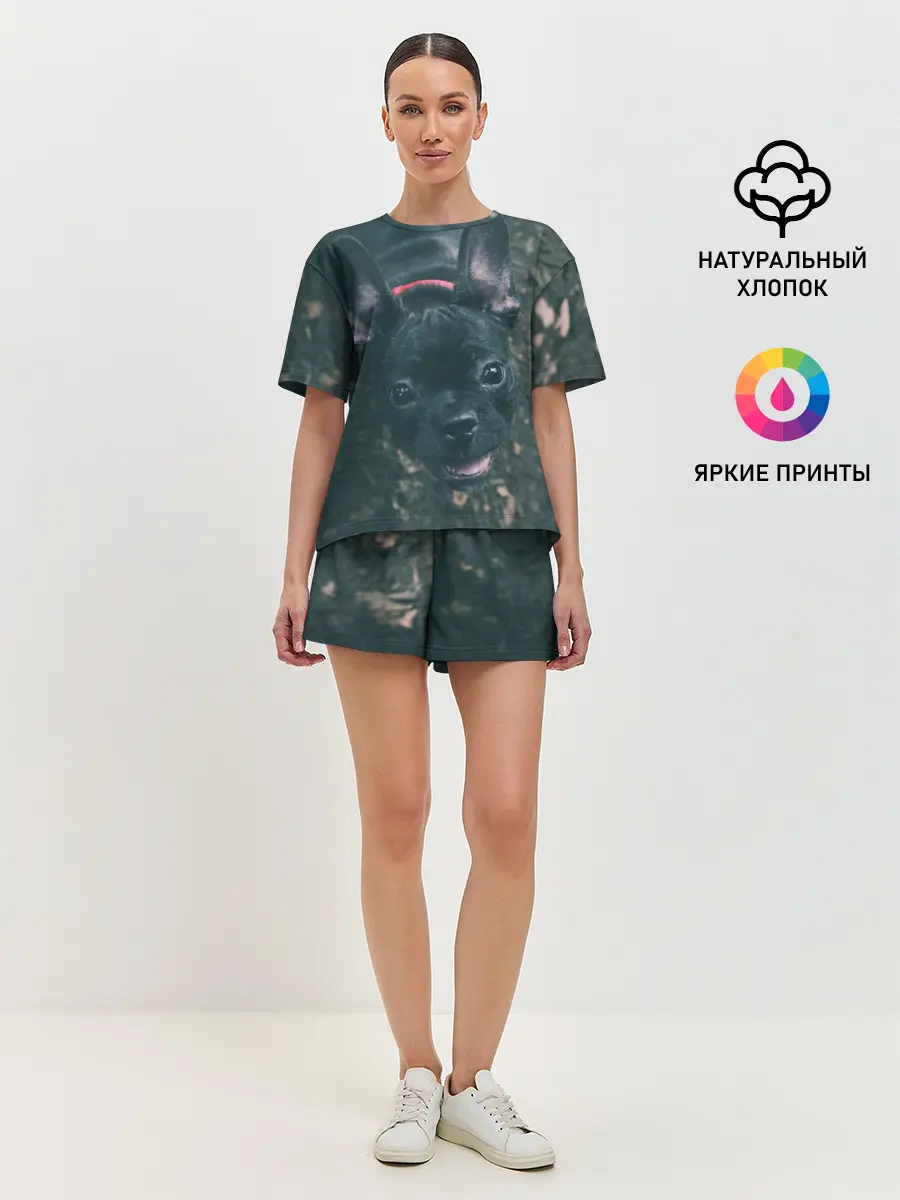 Женская пижама с шортами / Бульдог морда собакена черного