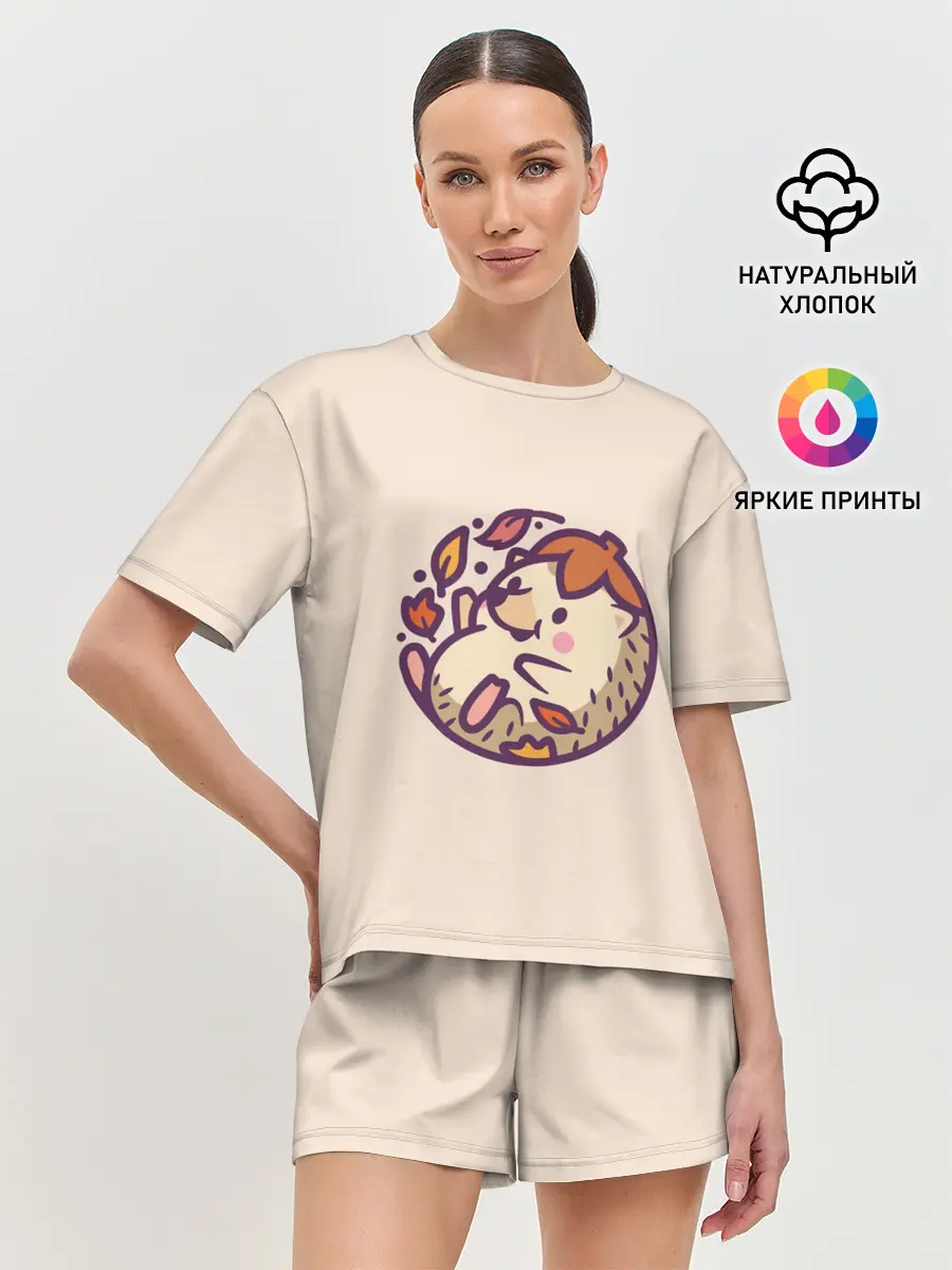 Женская пижама с шортами / Ёжик листья милый рисунок