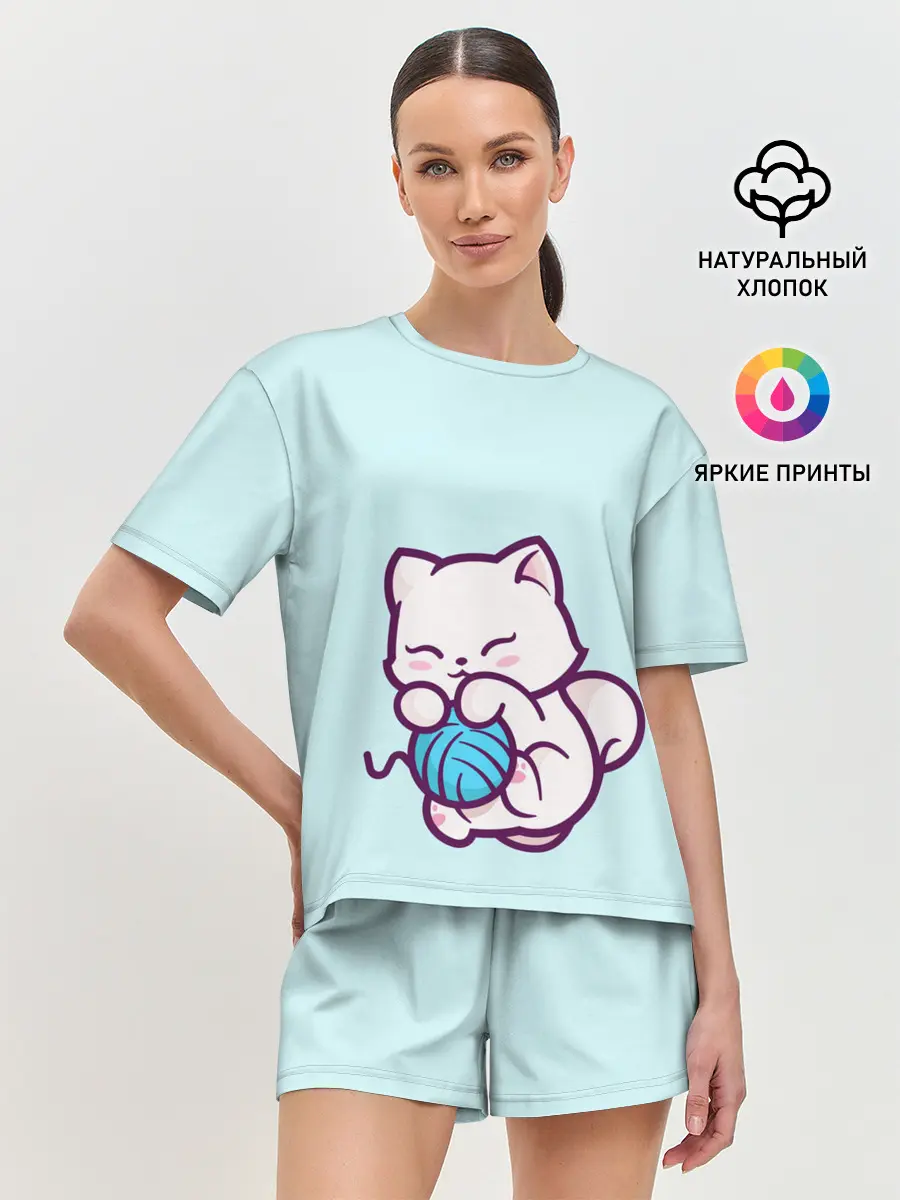 Женская пижама с шортами / Белый котенок с клубком милый
