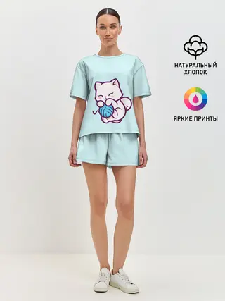 Женская пижама с шортами / Белый котенок с клубком милый