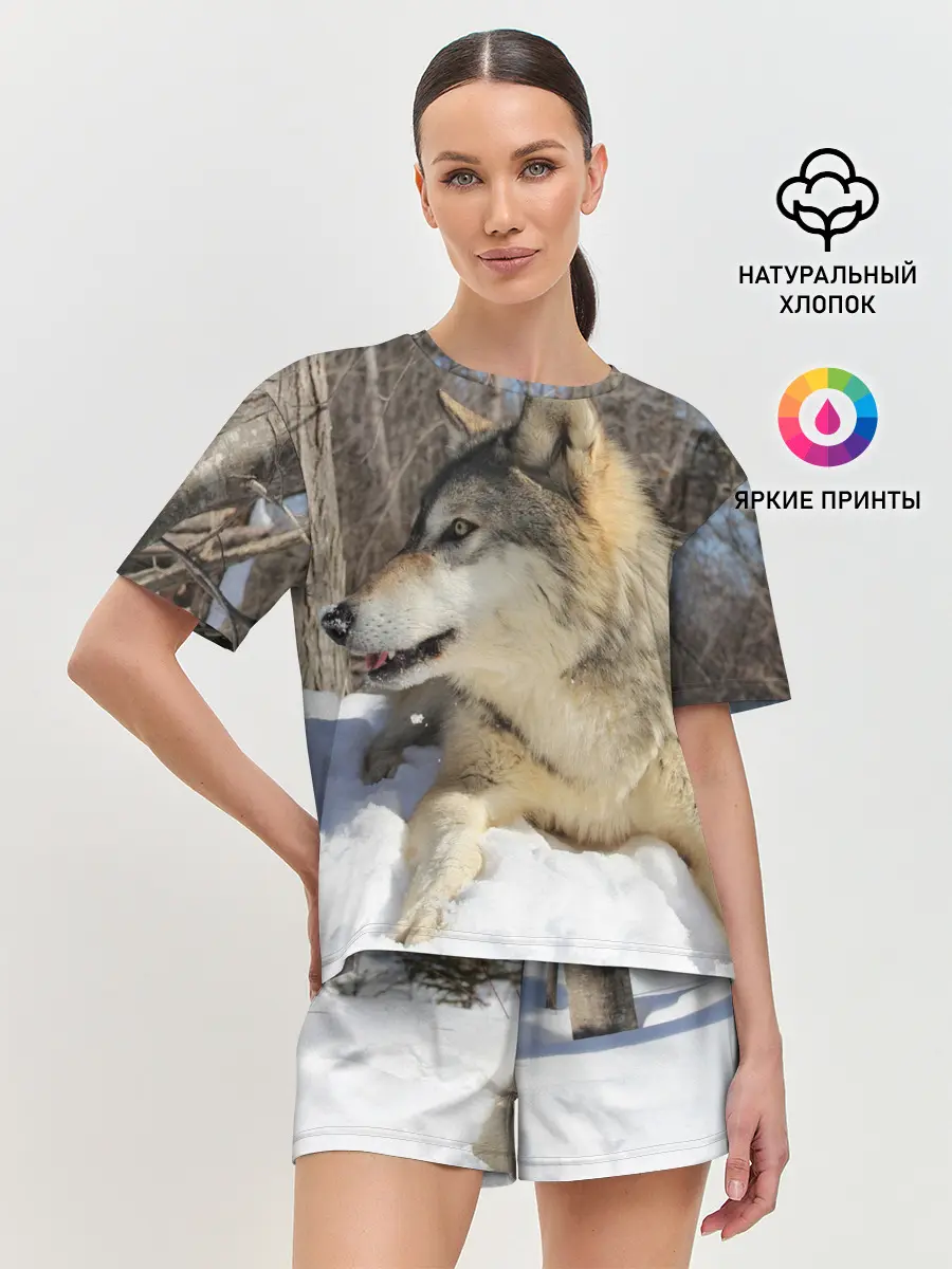 Женская пижама с шортами / Волк лежит на снегу