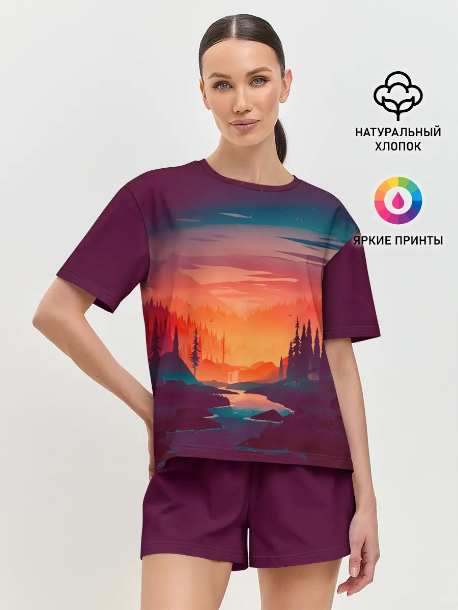 Женская пижама с шортами / Minimal forest sunset