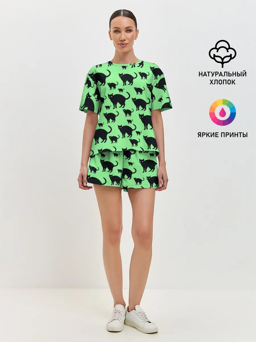 Женская пижама с шортами / Кошки черные