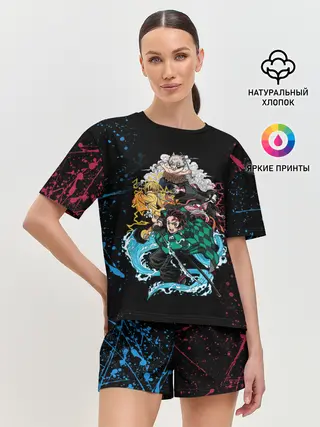 Женская пижама с шортами / Kimetsu no yaiba красносиние брызги
