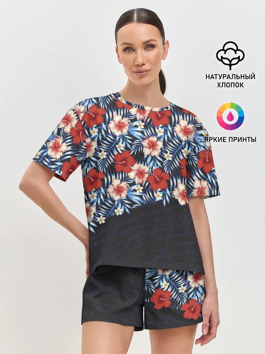 Женская пижама с шортами / Flowers with inscriptions