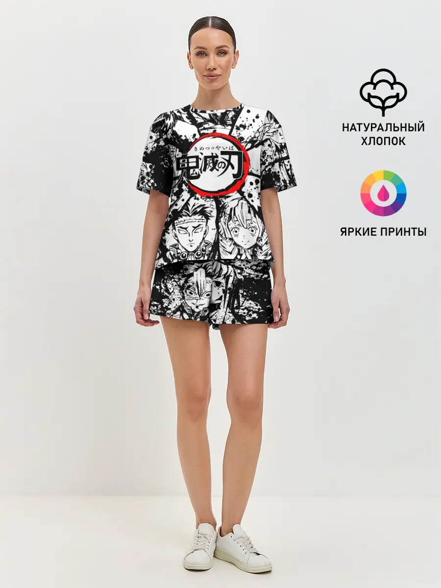 Женская пижама с шортами / Kimetsu no yaiba чернобелый коллаж