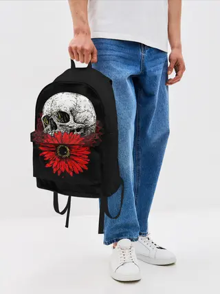 Рюкзак джинсовый / Череп и Красный Цветок | Skull
