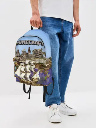 Рюкзак джинсовый / Корабль и замок в манкрафт.