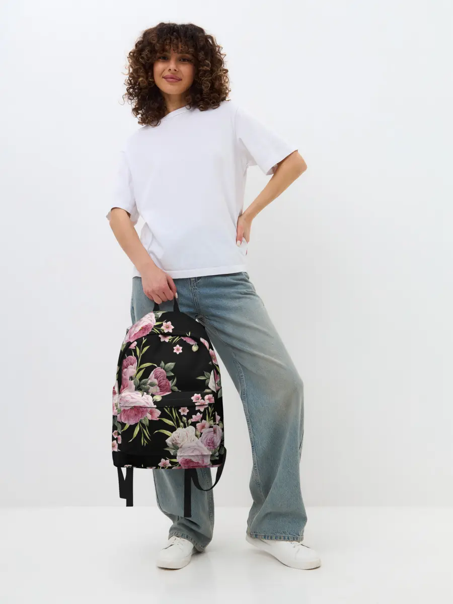 Рюкзак джинсовый / Пионы на Чёрном