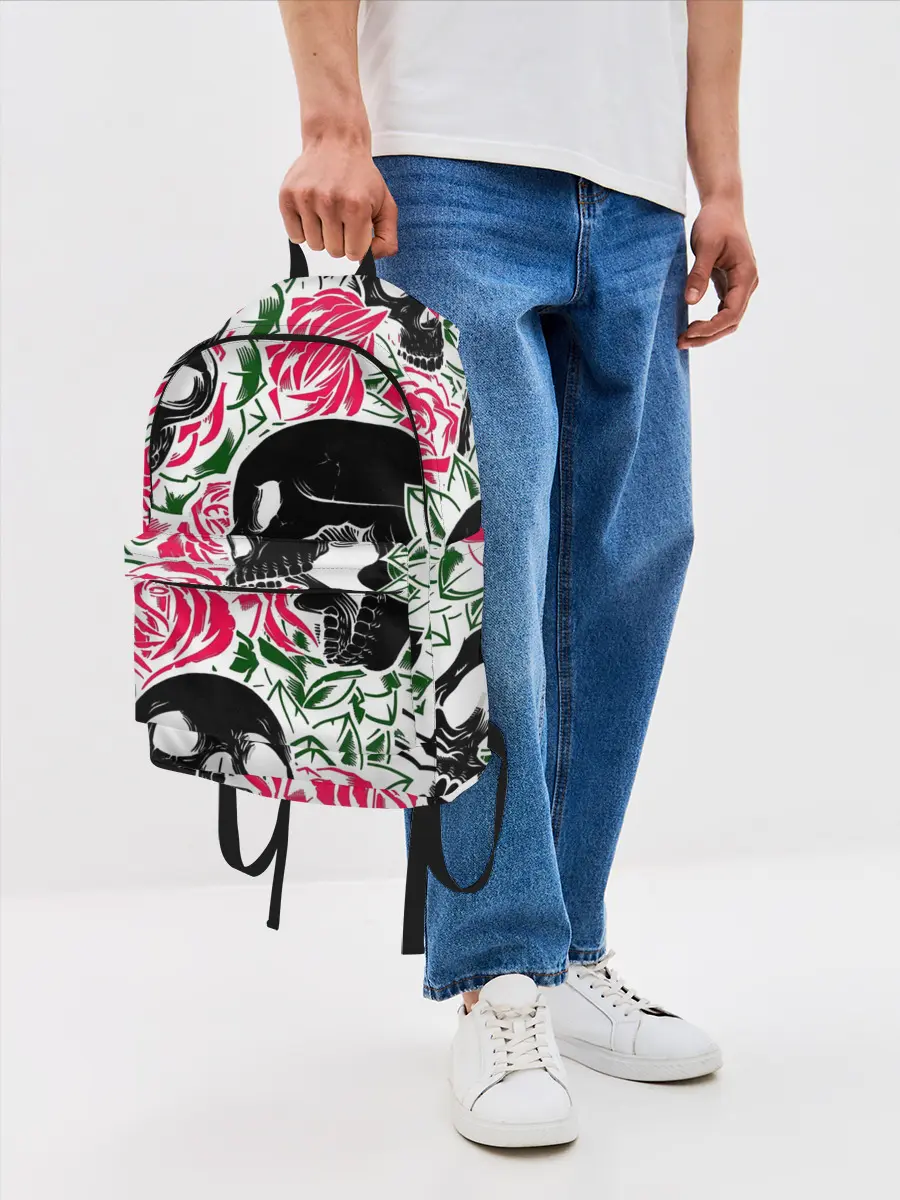 Рюкзак джинсовый / Череп, розы, цветы, зубы