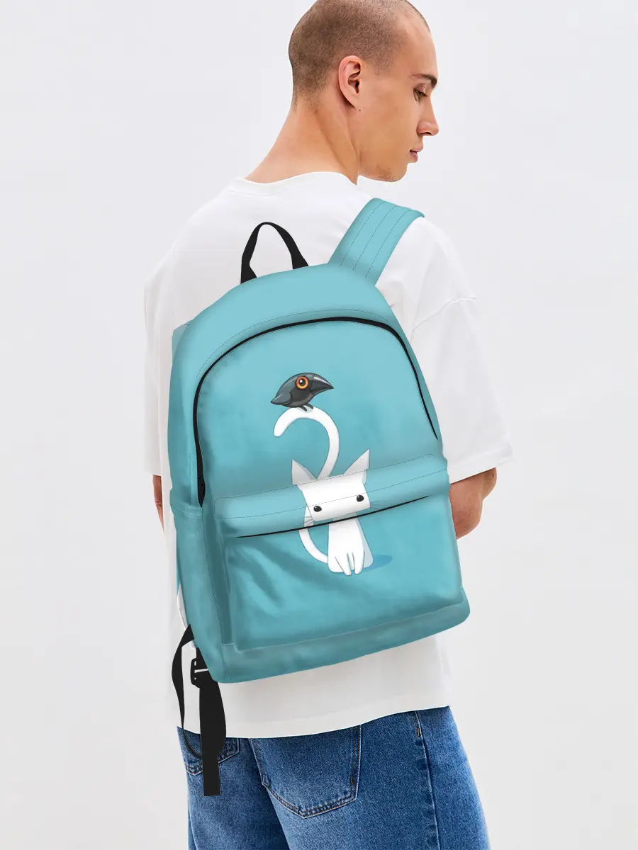 Рюкзак джинсовый / Белый котик и воробушек