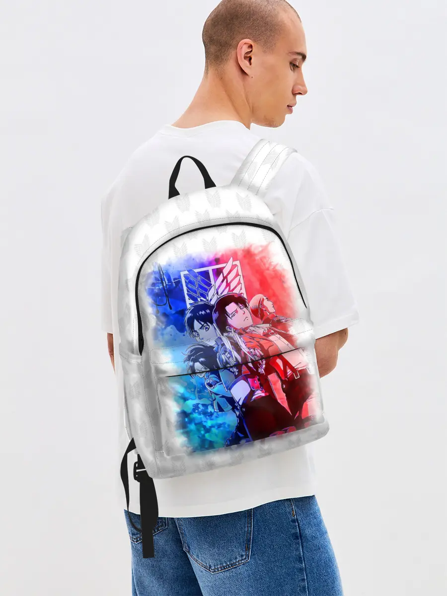 Рюкзак джинсовый / Персонажи АТАКИ ТИТАНОВ. Сине-красный принт