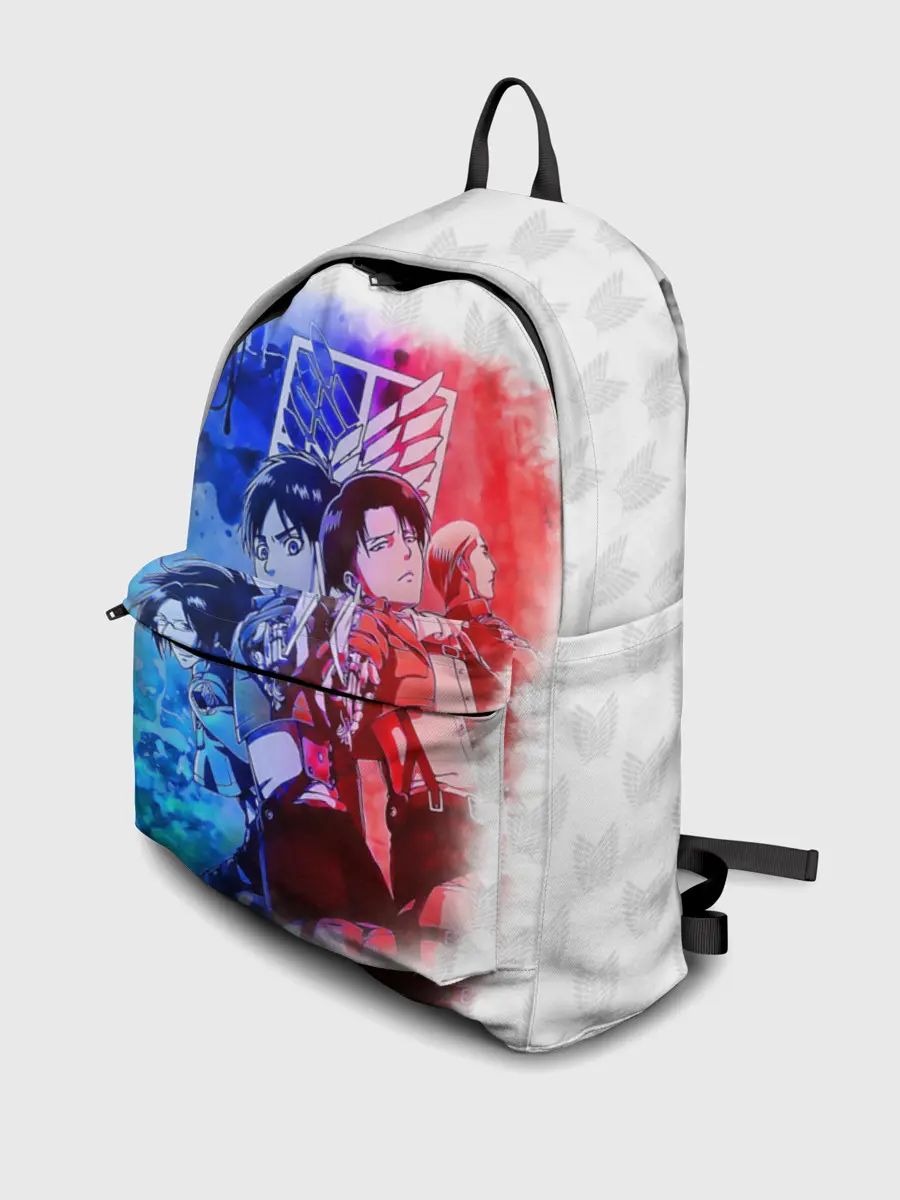 Рюкзак джинсовый / Персонажи АТАКИ ТИТАНОВ. Сине-красный принт