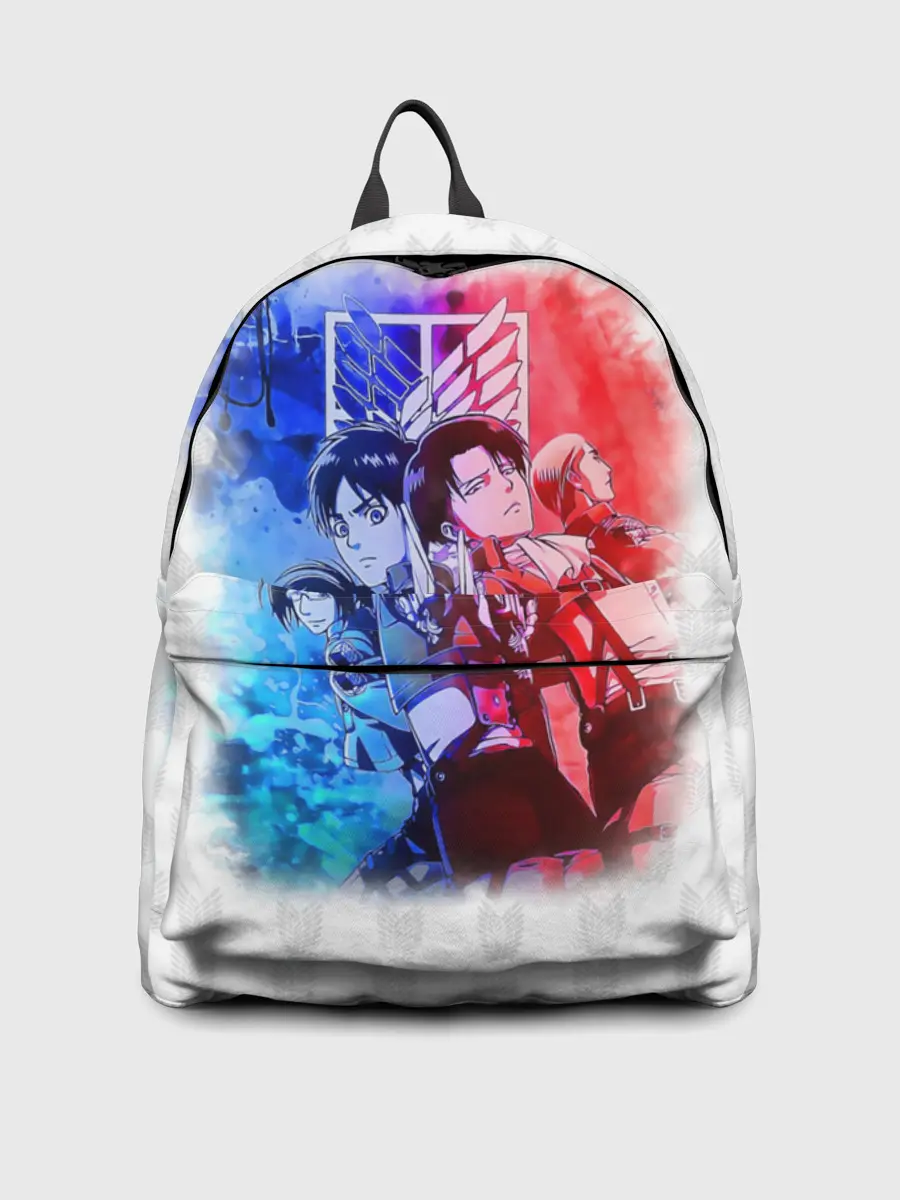 Рюкзак джинсовый / Персонажи АТАКИ ТИТАНОВ. Сине-красный принт