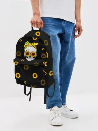 Рюкзак джинсовый / Череп и подсолнухи