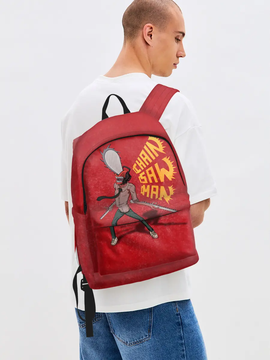 Рюкзак джинсовый / Человек Бензопила на красном фоне