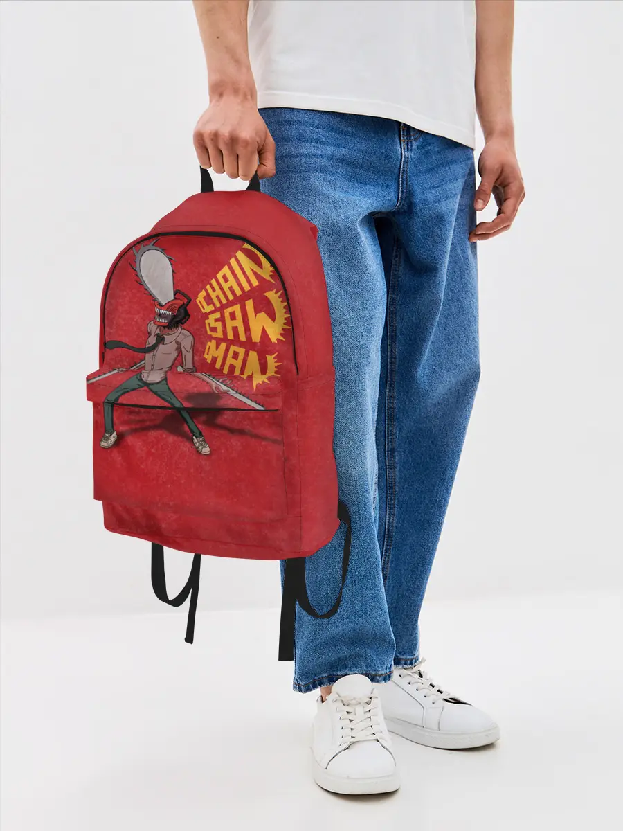 Рюкзак джинсовый / Человек Бензопила на красном фоне
