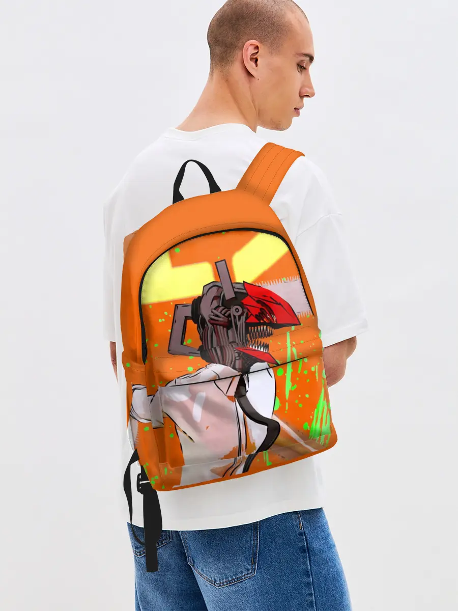 Рюкзак джинсовый / Человек-Бензопила на голубом фоне