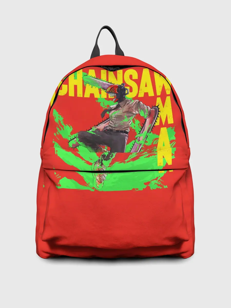 Рюкзак джинсовый / Человек-Бензопила с логотипом на красном