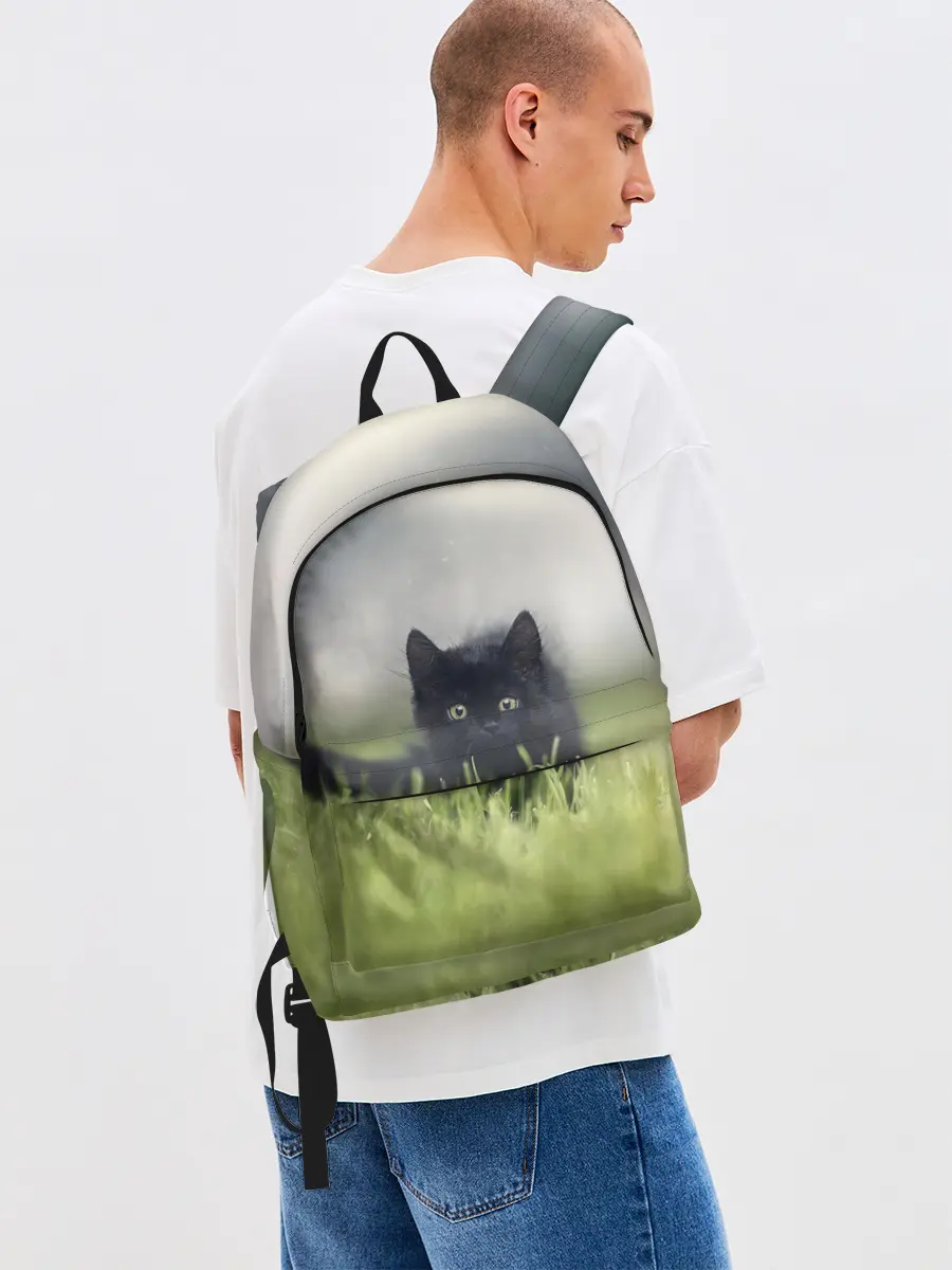 Рюкзак джинсовый / черный кот на лугу