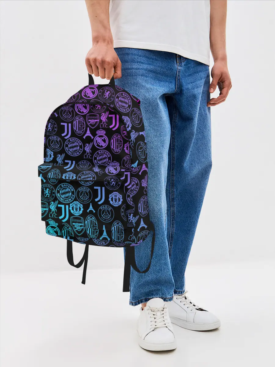 Рюкзак джинсовый / ЛОГО ФУТБОЛЬНЫХ КОМАНД НЕОН