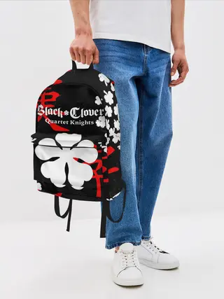 Рюкзак джинсовый / Логотип черный клевер и маленькие листья