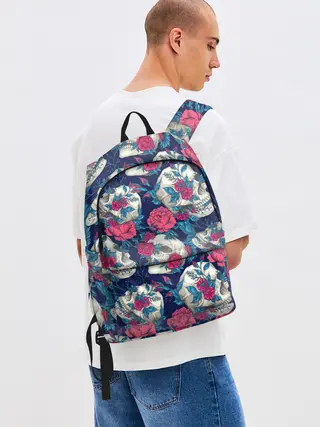 Рюкзак джинсовый / Реалистичные черепа с розами