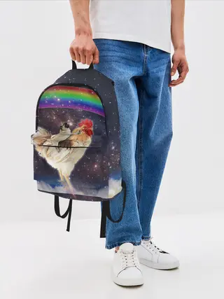 Рюкзак джинсовый / Мопс на курице в космосе