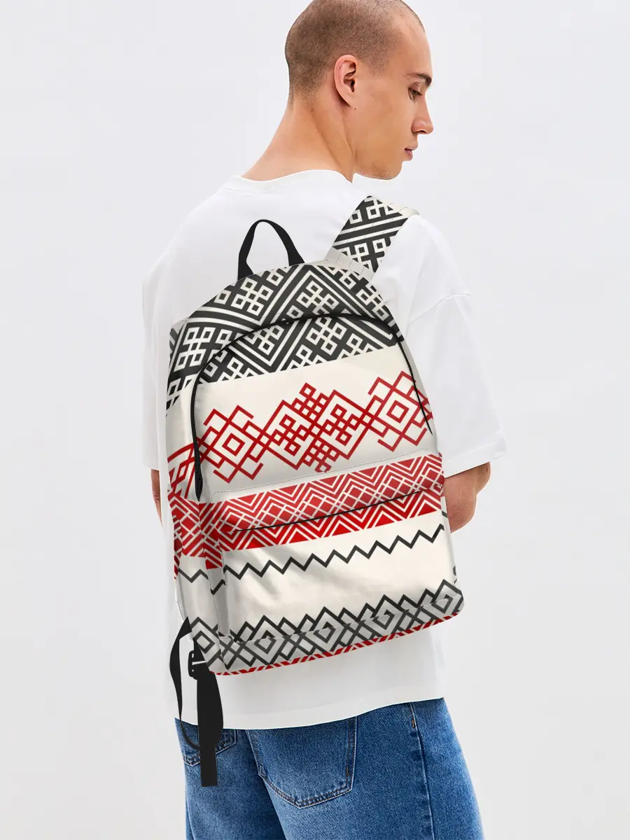 Рюкзак джинсовый / Славянский узор красно-черный