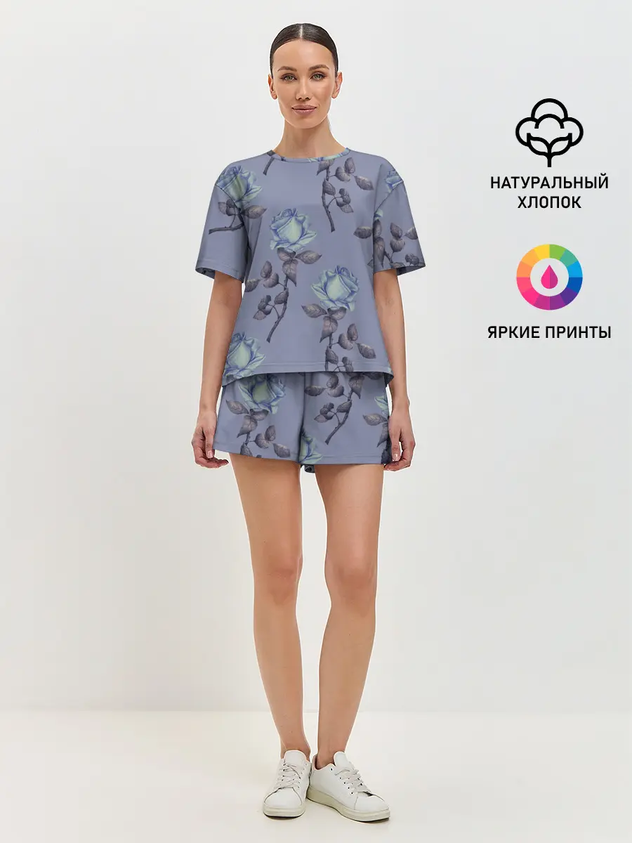 Женская пижама с шортами / Голубые розы