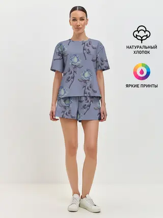 Женская пижама с шортами / Голубые розы