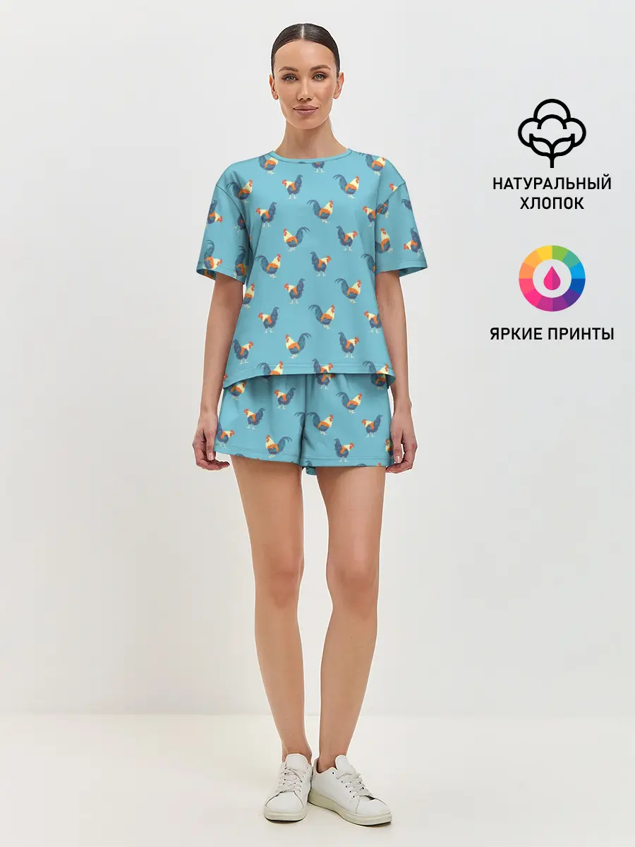Женская пижама с шортами / Петушки паттерн