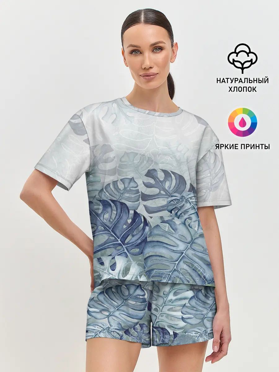 Женская пижама с шортами / Синие листья
