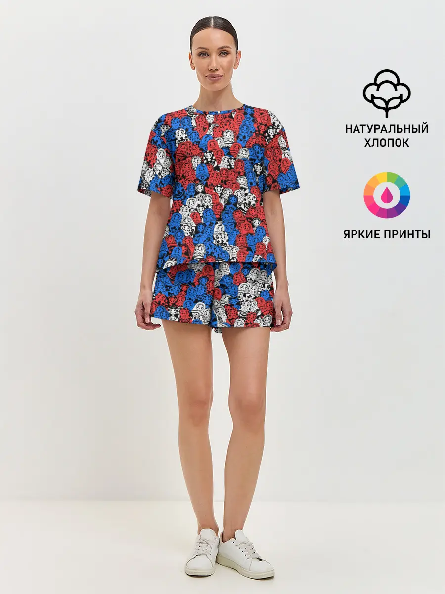 Женская пижама с шортами / Бело-сине-красные матрёшки