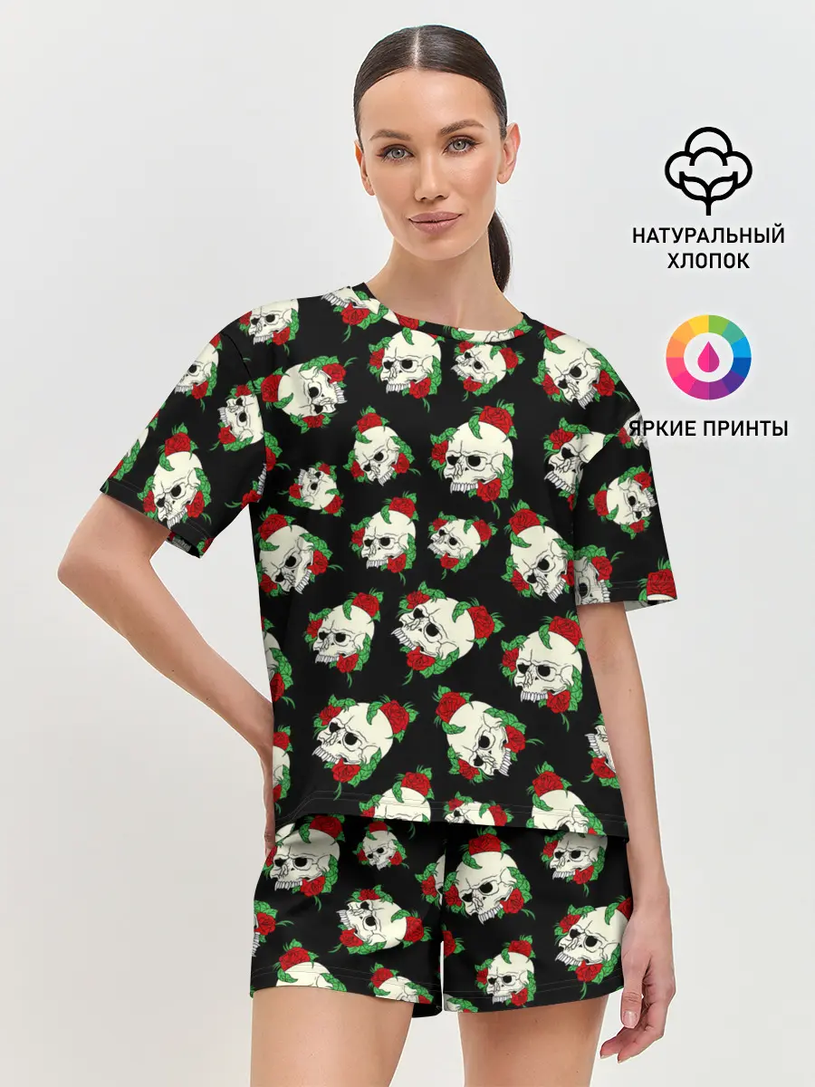 Женская пижама с шортами / Черепа и розы / Skull and Roses