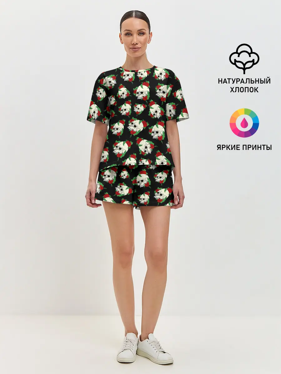 Женская пижама с шортами / Черепа и розы / Skull and Roses