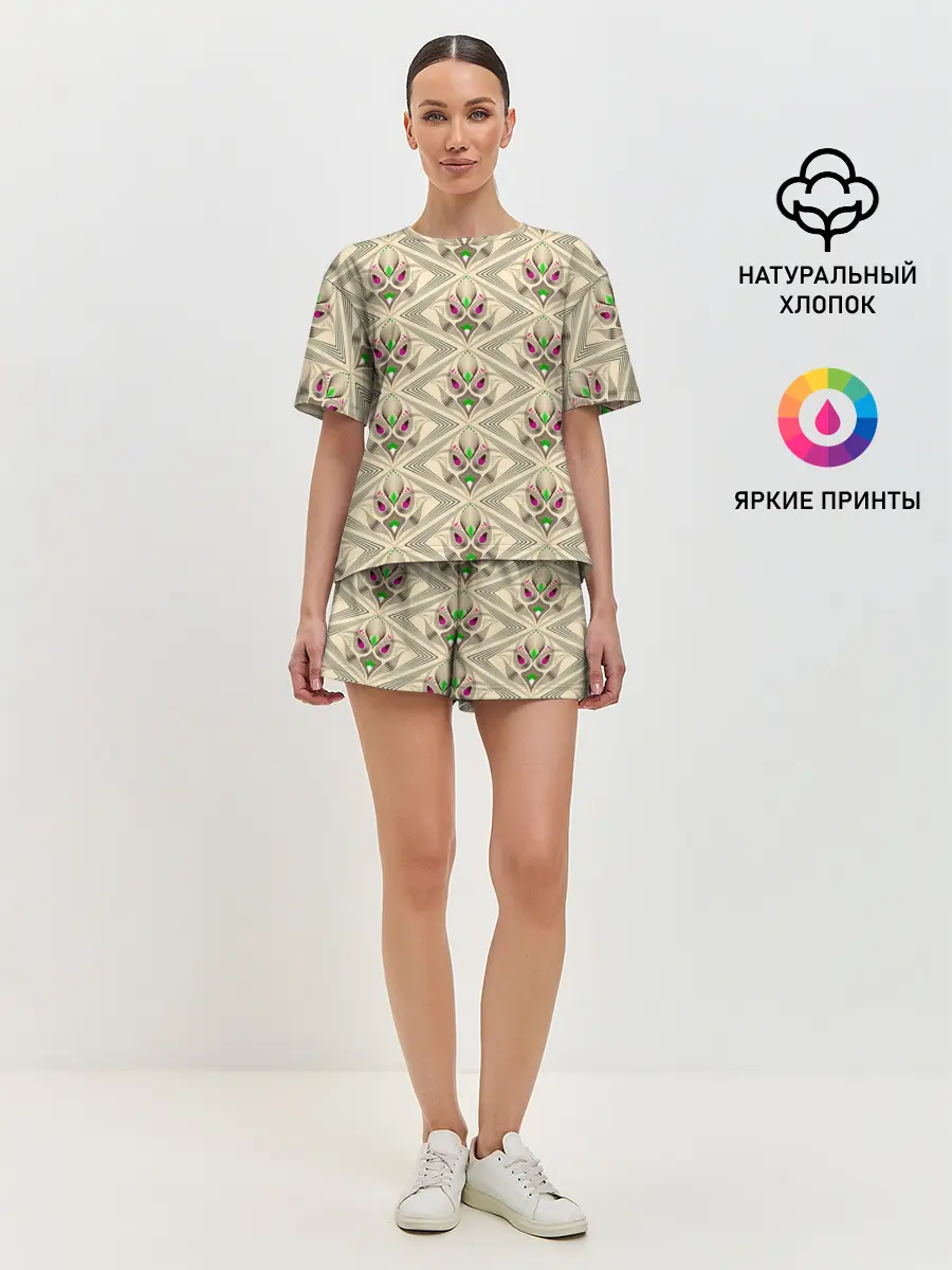 Женская пижама с шортами / Арт деко на бежевом фоне
