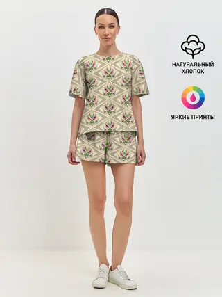 Женская пижама с шортами / Арт деко на бежевом фоне