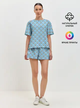 Женская пижама с шортами / Белая курочка паттерн