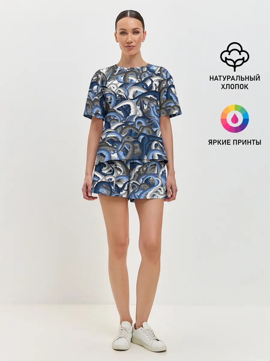 Женская пижама с шортами / Синий камуфляж с щупальцами