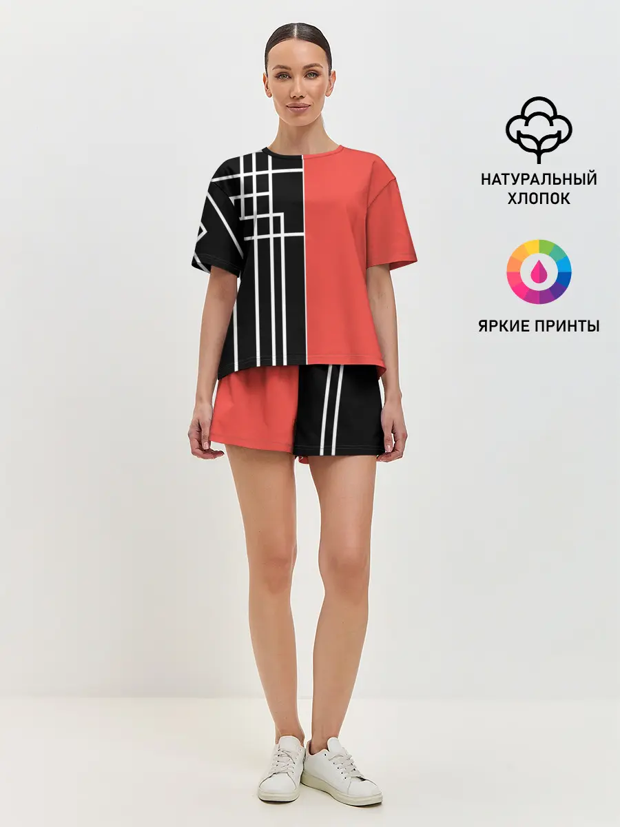 Женская пижама с шортами / Черный и коралловый арт деко